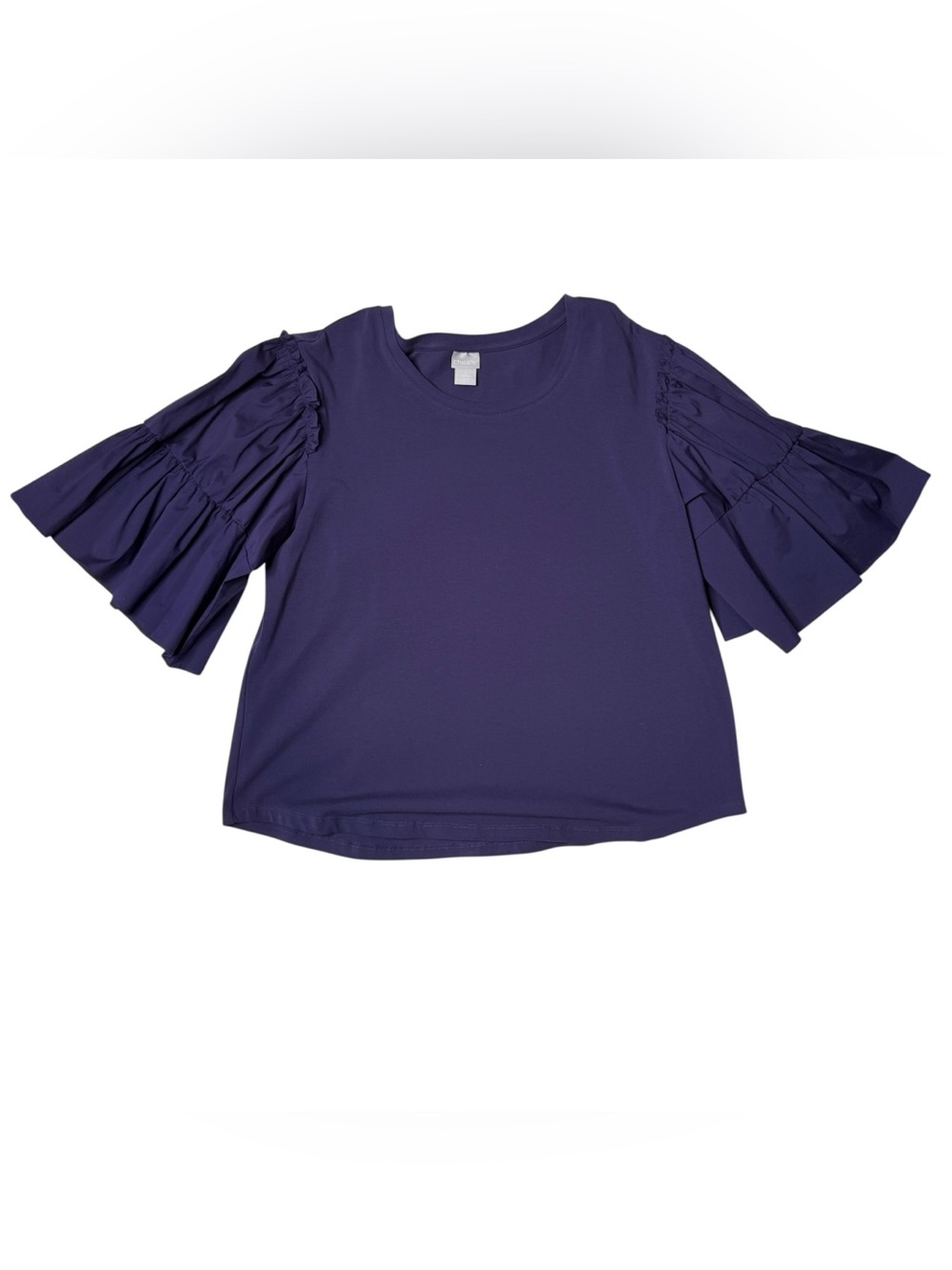 Chico's Mixed Media T Shirt Purple Tiered Ruffle Sleeves Stretch Size 2 Large